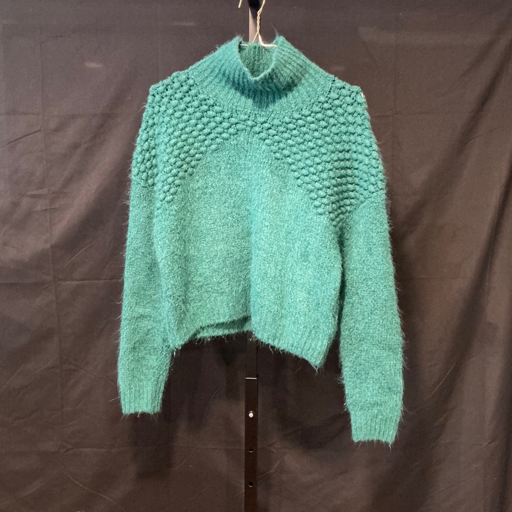 Free People Teal Green Mock Neck Bobble Shoulder Fuzzy Knit Sweater OB1508649